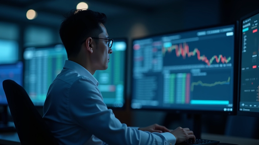 Professional photograph of a financial analyst reviewing currency market data on multiple screens in a modern trading room with real-time charts and market indicators visible