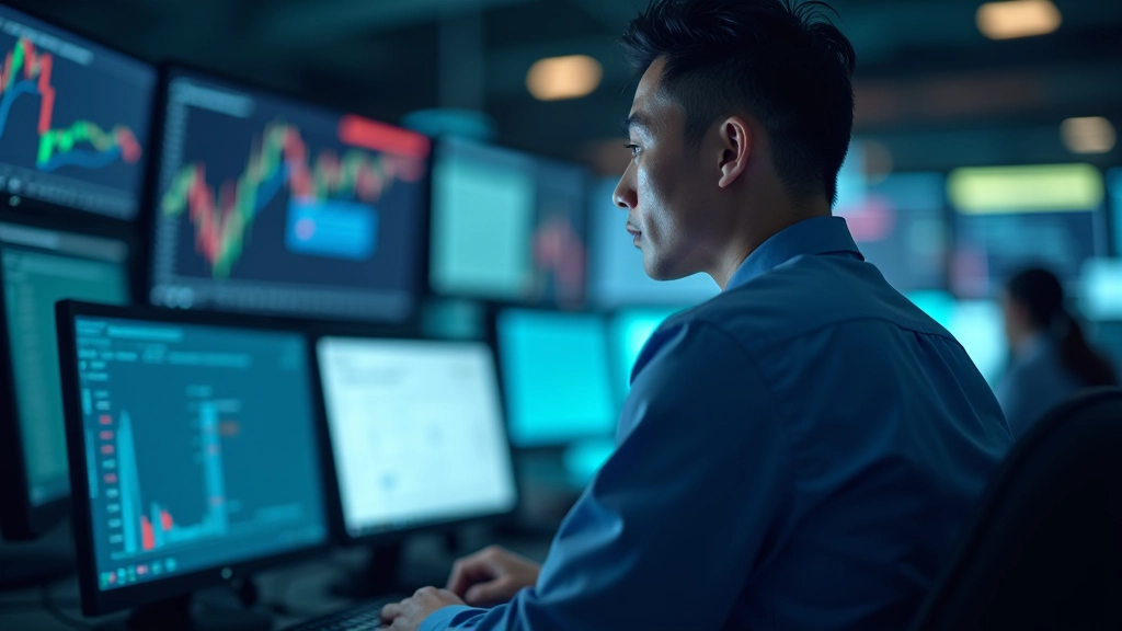 Modern financial trading floor with multiple screens displaying currency exchange rates and real-time market data