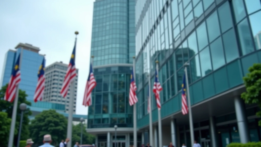 Bank Negara Malaysia headquarters building with modern architecture and Malaysian flags, representing central bank authority over foreign reserves and currency policy