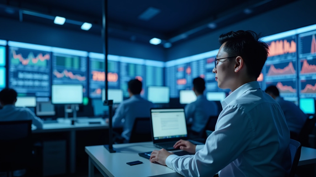 Professional financial trading center with currency analysis screens and market data